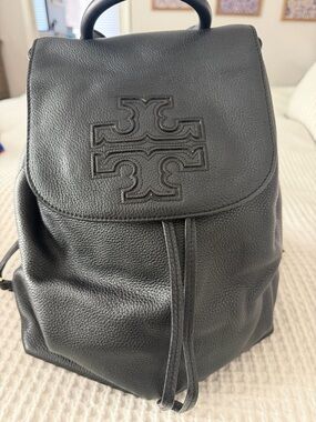 Tory Burch Black Pebbled Logo Drawstring Backpack